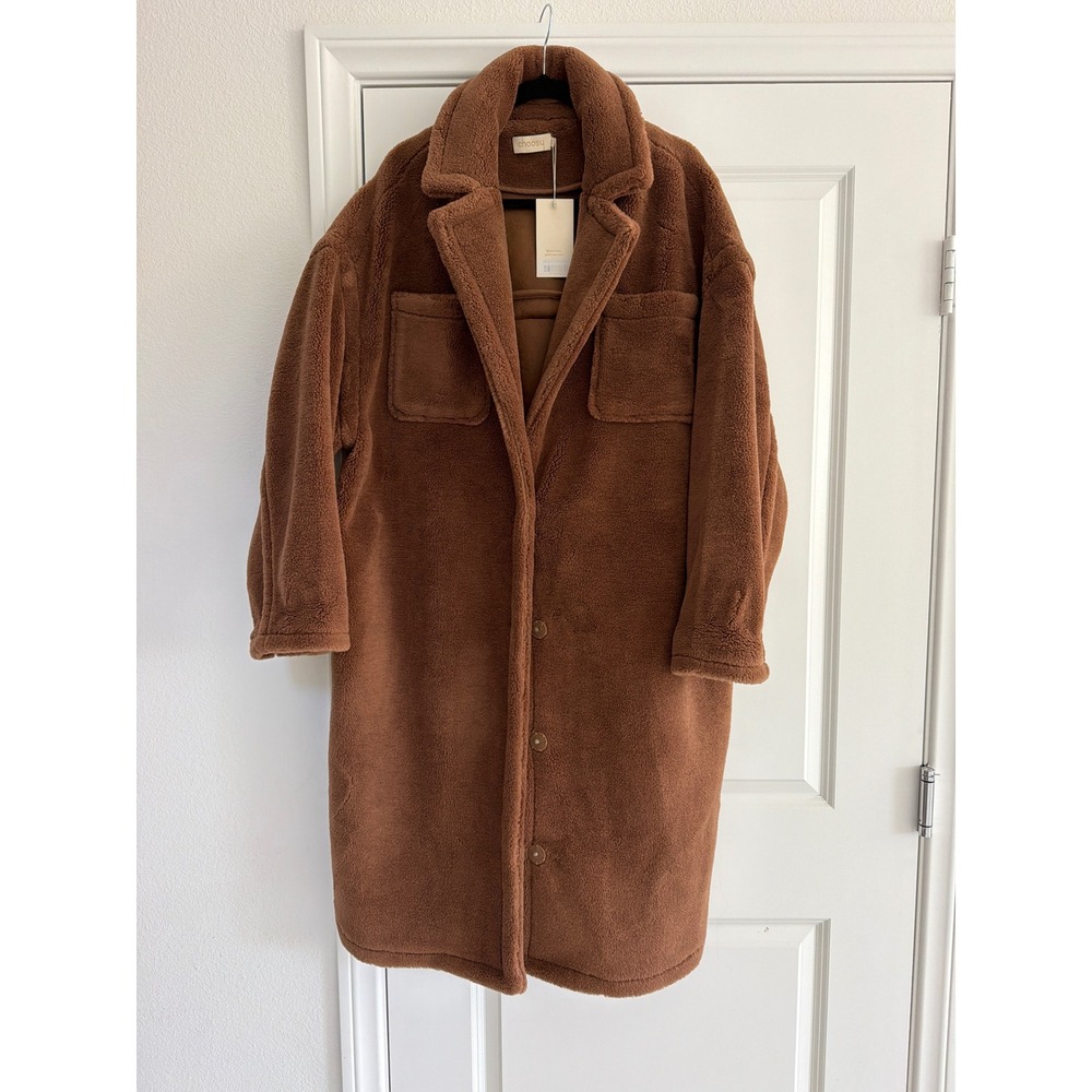Choosy Teddy Coat Womens XL Brown Wool Blend Sherpa Long Jacket 1910JA12 NWT